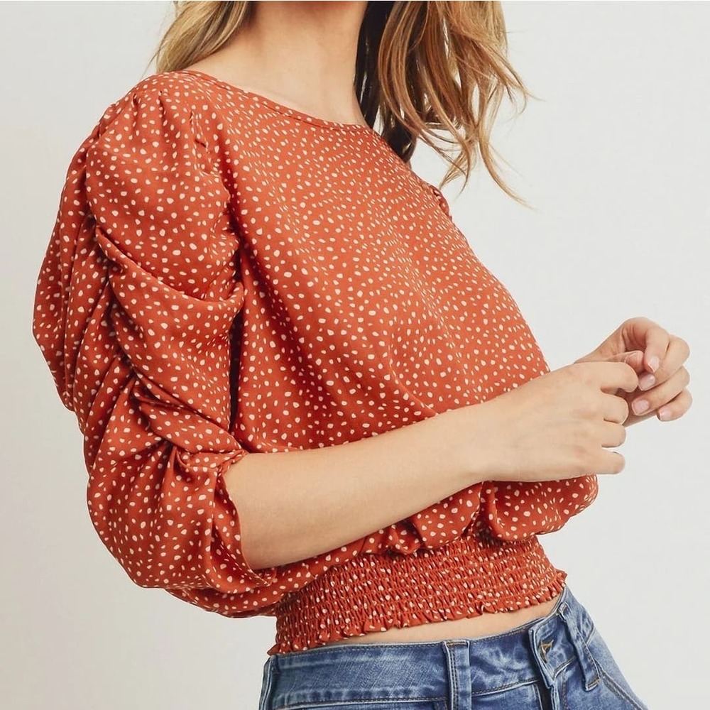 Paper Crane Smocked Band Top Shirring Puff Sleeves Burnt Orange Dot Print  XS - Picture 3 of 9